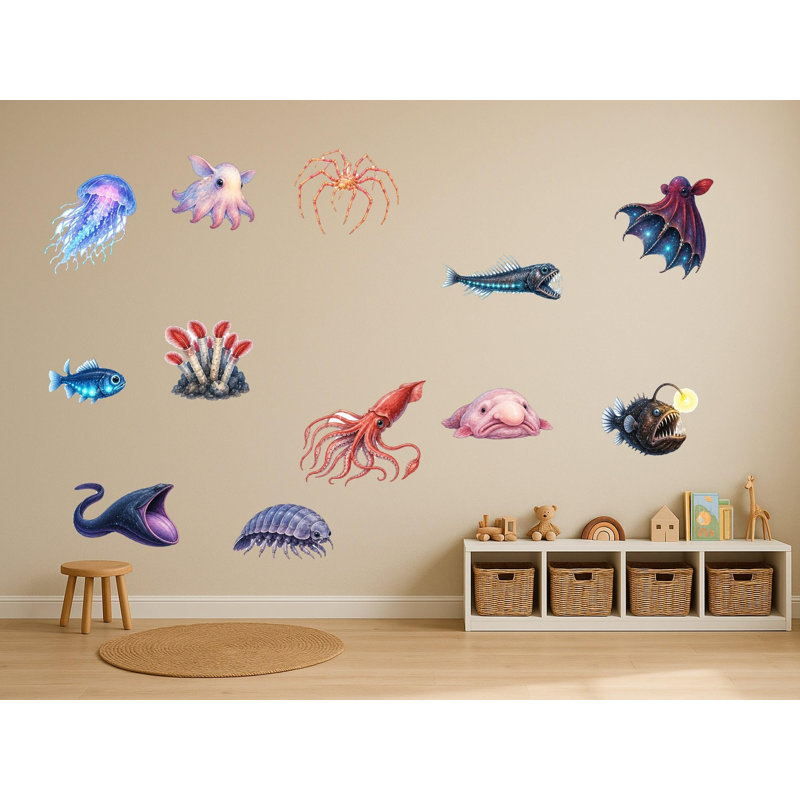 Deep Sea Creature Wall Decals, Set of 12 Educational Peel and Stick Wall Stickers, Classroom Playroom Decor, Kids Learning Wall Art, 20"W x 20"H (50 x 50 cm)