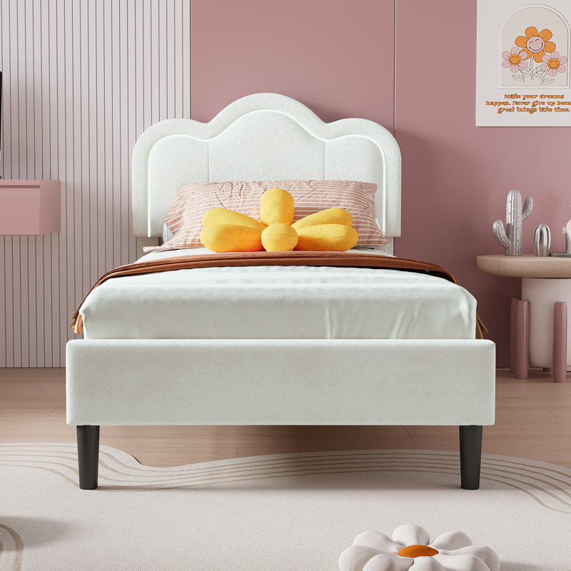 Twin Size Bed Frame PU Upholstered with Height Adjustable Mountain Design Headboard