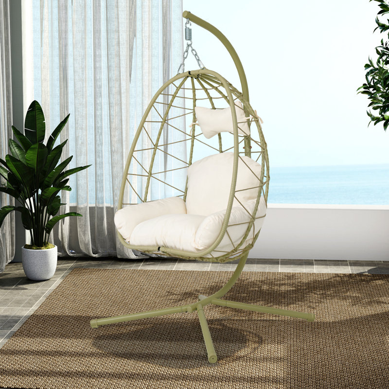 Fauteuil suspendu suspendu en osier avec support et coussin lavable pour patio, Blanc, Cyan