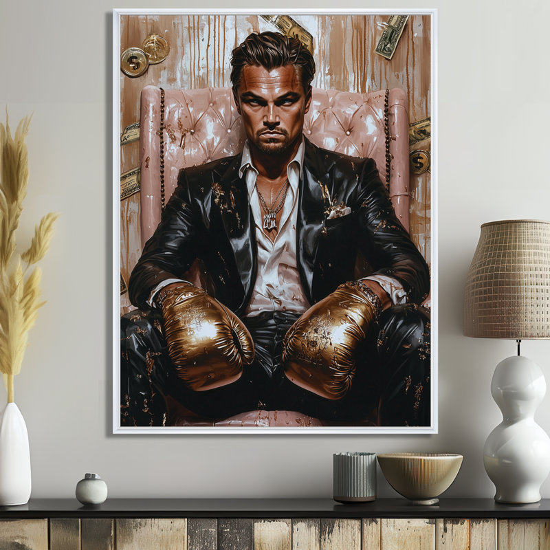 Décoration murale loup de Wall Street - homme, Cadre flottant blanc, H 20 po x l 12 po