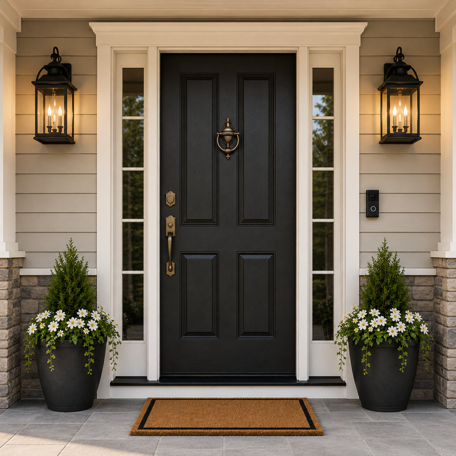 Front entrance featuring a black four-panel door with a brass knocker, flanked by two lighted wall lanterns, sidelights, and black planters filled with greenery and white flowers on a stone porch.