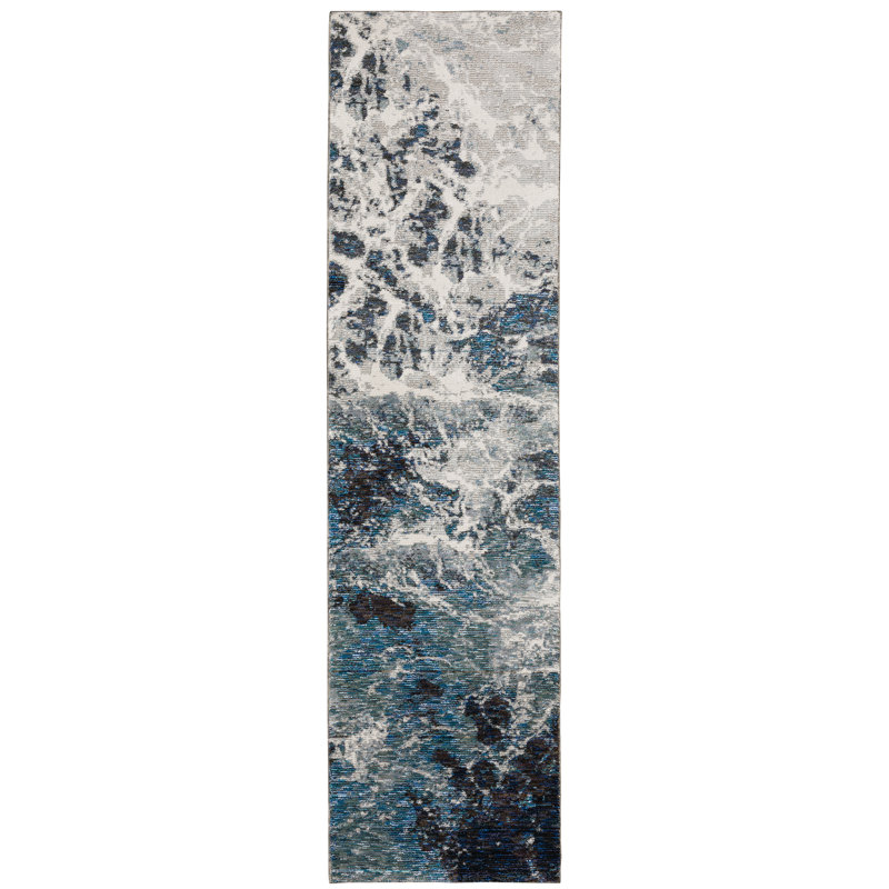 Tapis bleu abstrait Ronny, Tapis de couloir 2 pi 6 po x 12 pi