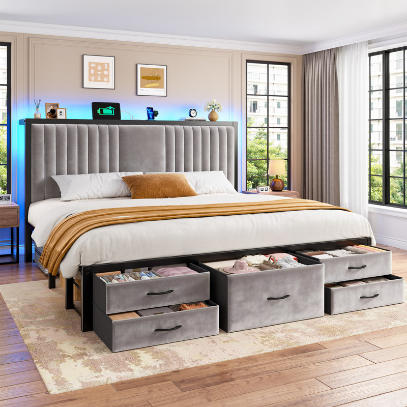 Upholstered Platform Bed With 5 Drawers & Storage Headboard, Metal Bed Frame With Led Lights & Charging Station, King