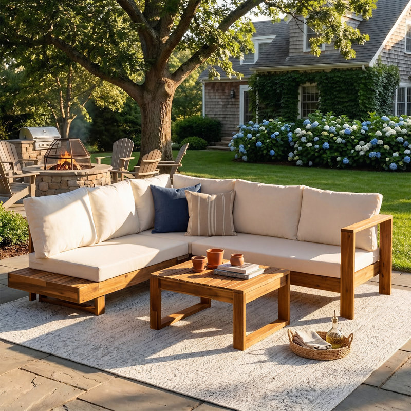 Abdel 82'' Wide L-Shaped Acacia Patio Sectional with Cushions