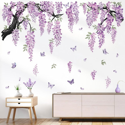 Large Flower Tree Branch Wall Stickers – Purple – Hanging Vine Floral Butterfly Peel-And-Stick Design