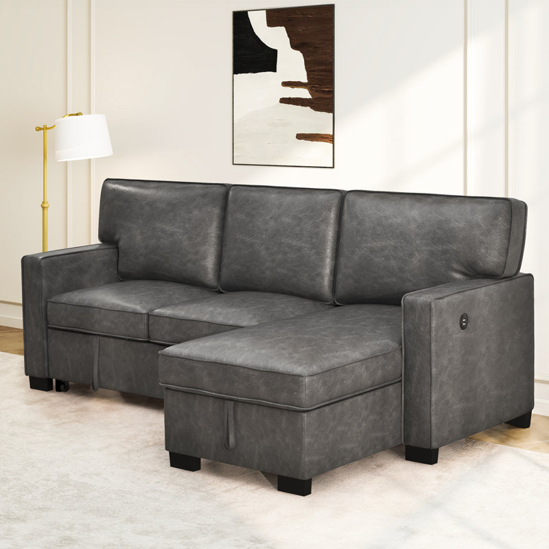 Shifnal 90.5" Wide Modern Upholstered Vegan Leather Multifunctional Chaise Sofa Bed With USB, Gray Faux Leather