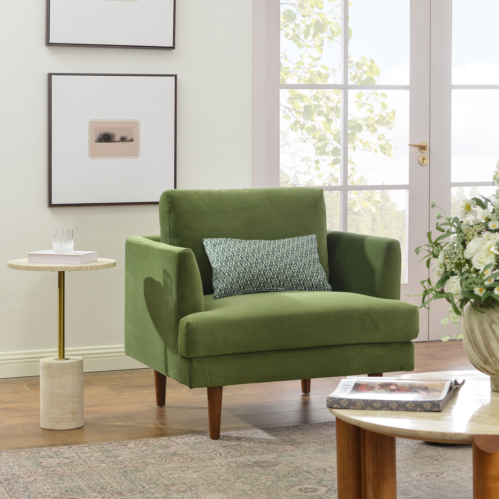 Miller Walnut Armchair, Olive Green Velvet