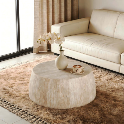 Table basse cylindrique de 34,65 po en MDF de haute qualité de couleur naturelle, table basse industrielle moderne entièrement assemblée, idéale pour la maison et la cuisine