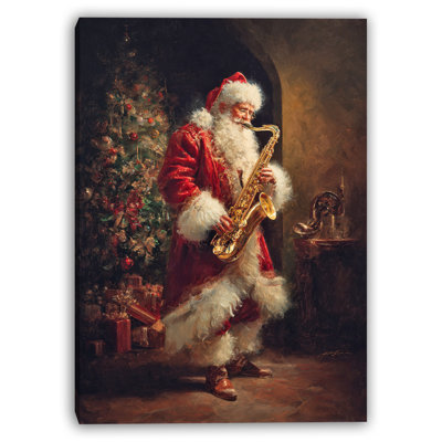 «Santa jouant du saxophone par l'arbre de Noël», art mural sur toile