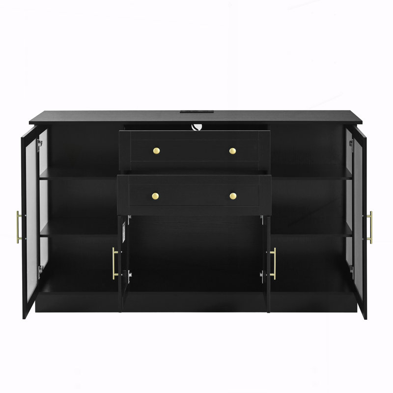 Buffet moderne avec 4 portes et 2 tiroirs, tablettes réglables et prise de courant, Black