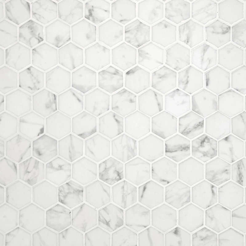 11.7" x 10.2" Hexagon Recycled Glass Marble Looks Floor & Wall Mosaic Tile, White