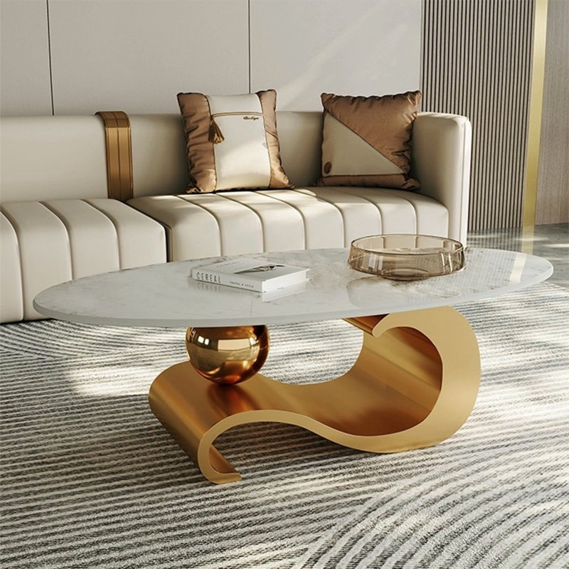 Luxury Oversize 51in. L Oval Coffee Table with Musical Note Base Modern Accent Piece for Living, Gold