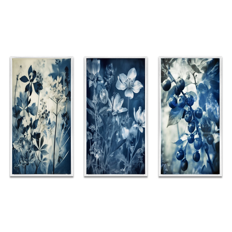 «Wildflowers In Meadow Blue Vintage Botanical», 3 pièces, Cadre flottant blanc, H 20 po x l 36 po