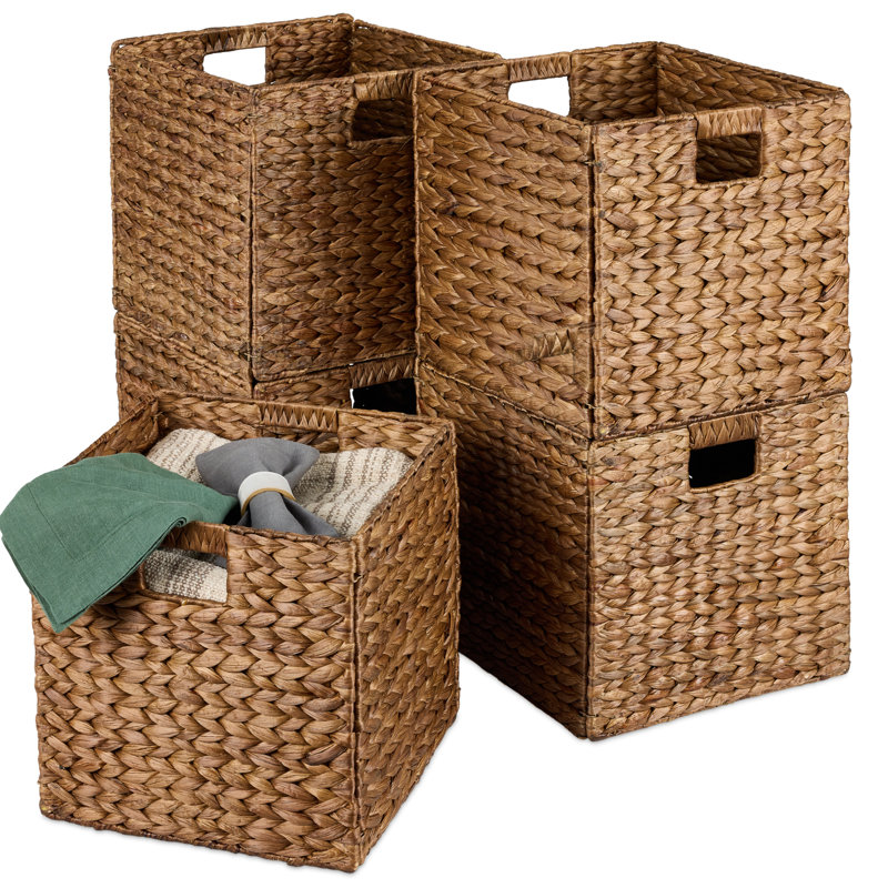  12X12in Hyacinth Baskets, Set Of 5 Multipurpose Collapsible Organizers W/ Inserts - Chestnut, 12" H x 12" W x 12" D
