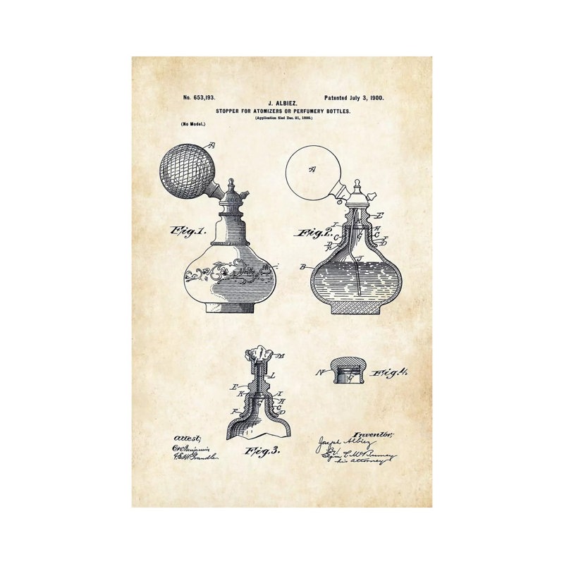 Bouteille de parfum antique par brevet77 - reproduction de dessin sur toile tendue, H 40 po x l 26 po x P 1,5 po