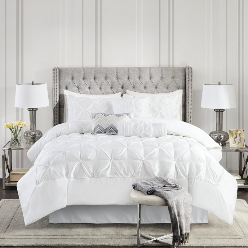 Édredon très grand 7 pièces blanc - avec édredon, taies décoratives, oreillers et jupe de lit, Blanc