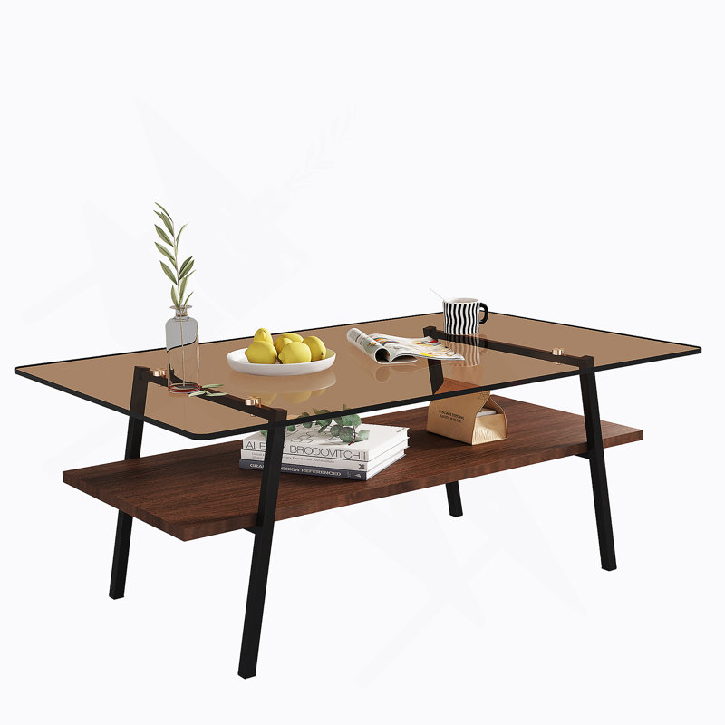 Rectangle Coffee Table, Tempered Glass Tabletop With Black Metal Legs, Modern Table For Living Room , Brown Glass, Brown