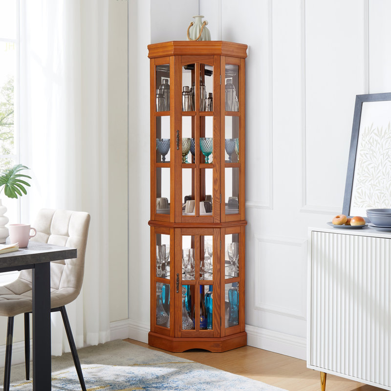 Vitrine d'angle avec 5 tablettes et système d'éclairage, chêne (ampoule E26 non incluse), Chêne