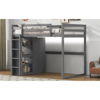 Bedroom Grey Wood Loft Bed With Wardrobe, Storage & Led Lighting Full Shelf Track