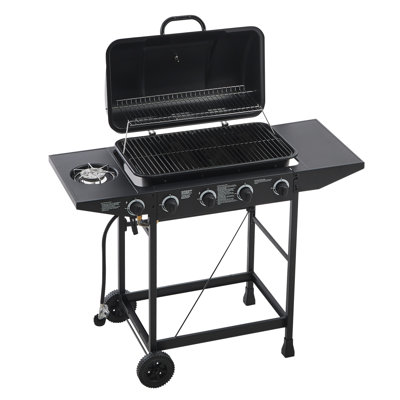 Barbecue d'extérieur au gaz avec 4 brûleurs, allumage, cuisson en fonte, brûleur latéral au propane de 182 po², brûleur latéral au propane, 42 000, grilles recouvertes d'émail, arrangement portatif