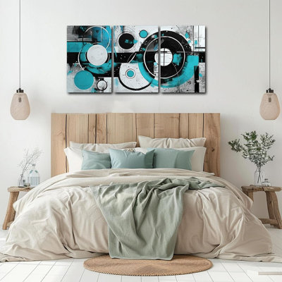 «Teal», art mural abstrait bleu et gris, impression sur toile 3 pièces, cercle géométrique abstrait noir et gris