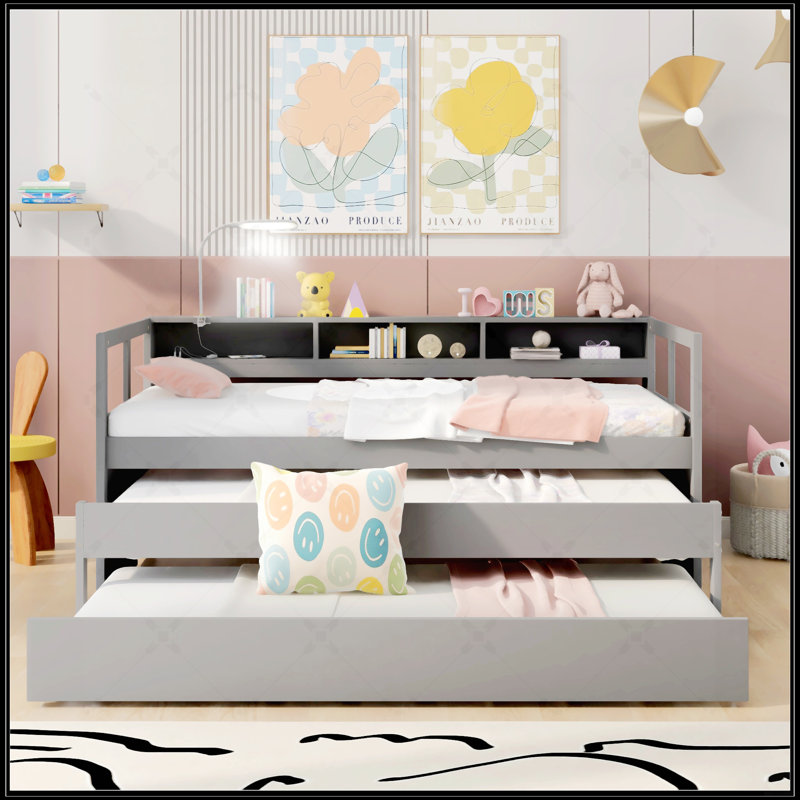 Twin XL Wood Daybed With 2 Trundles, 3 Storage Cubbies, And USB Charging Design, Gray