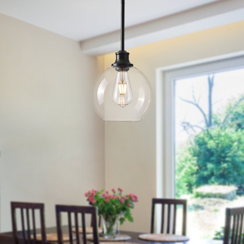 Luminaire suspendu noir mat à 1 lumière avec globe en verre transparent Concow, Transparent