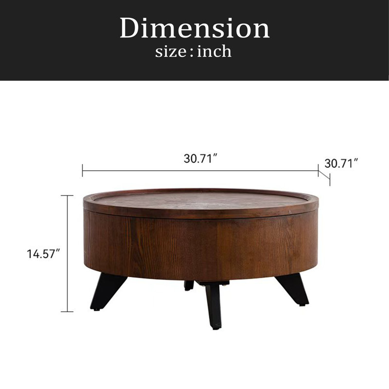 Table basse ronde avec plateau de rangement caché amovible, tables basses rondes modernes de luxe, table centrale circulaire plaquée en bois massif avec piédestal robuste pour le salon, assemblage facile