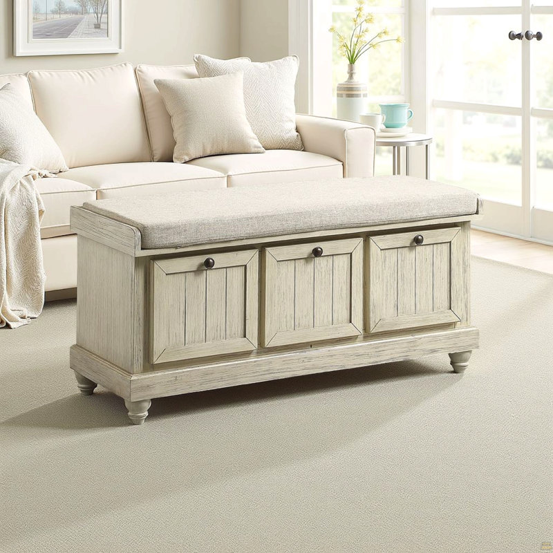 Banc Wali avec banc de rangement relevable de 44 pouces et siège rembourré blanc antique