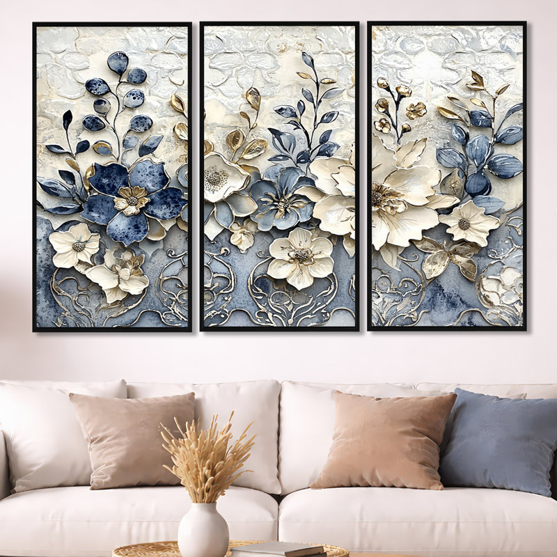 «White and Blue Floral Abstract Tiles II», ensemble d'art mural fleurs, H 40 po x l 60 po x P 1 po