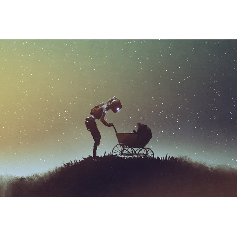 «Robot regardant bébé dans une poussette contre le ciel étoilé» par Grandfailure - impression sur toile tendue