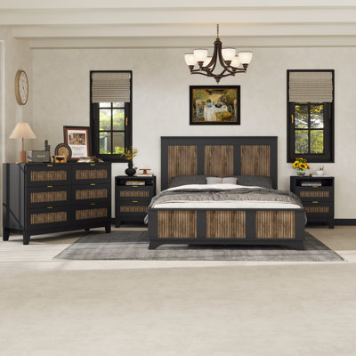 4-Piece Queen Bedroom Set – Farmhouse Platform Bed W/ Wood Slat Trim, Storage Nightstand & 3-Drawer Dresser, White
