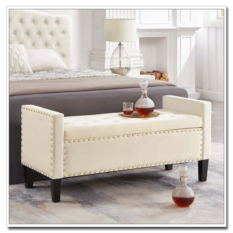 Banc de rangement rembourré avec accoudoirs et garniture cloutée, Marine