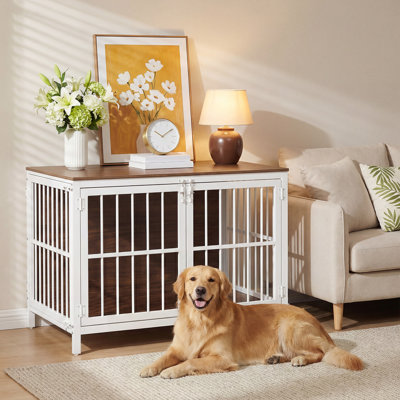 Heavy Duty Dog Crate Furniture, Wooden Indoor Kennel With 3 Doors, Chew Resistant Metal Cage For Small And Medium Breeds, Dog Crate Side Table