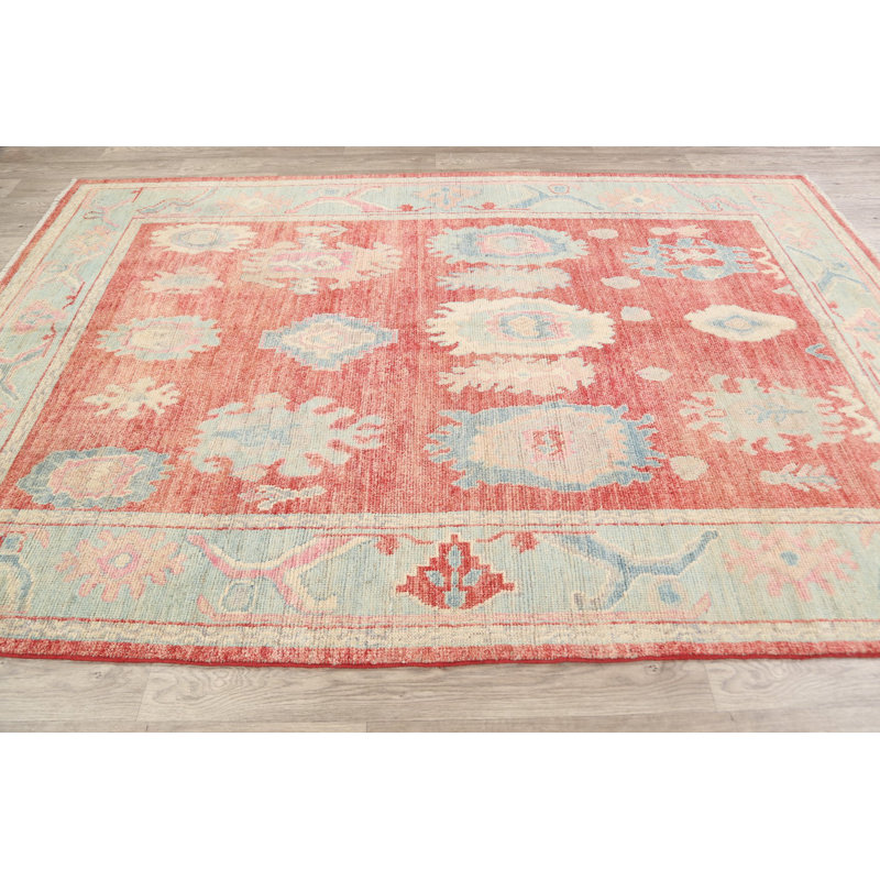 Tapis unique en laine noué à la main Oushak nouvel âge de 6 pi 1 po x 9 pi rouge