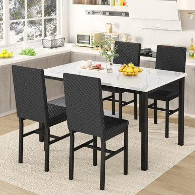 5-Piece Dining Table Set with 4 Velvet Uphosltered Dining Chairs, Rectangular Faux Marble Kitchen Table Set, Modern Dining Table and Chairs Set for K