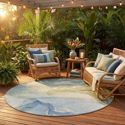 Tapis d'intérieur rond lavable abstrait bleu et vert 8 pi