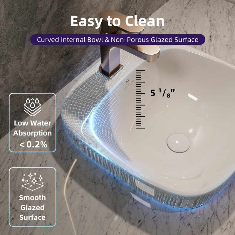 Los Flexi 17" Semi Recessed Bathroom Sink, White Rectangular Bathroom Drop-In Sink with Pop-Up Drain, 17" L x 17" W