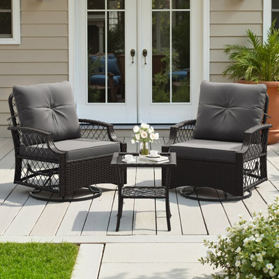 Ensemble de meubles de patio 3 pièces, ensemble bistro extérieur en osier, chaises pivotantes et pivotantes x 2 avec coussins, table d'appoint x 1, mobilier d'extérieur en rotin toutes saisons à haut dossier pour porche, cour