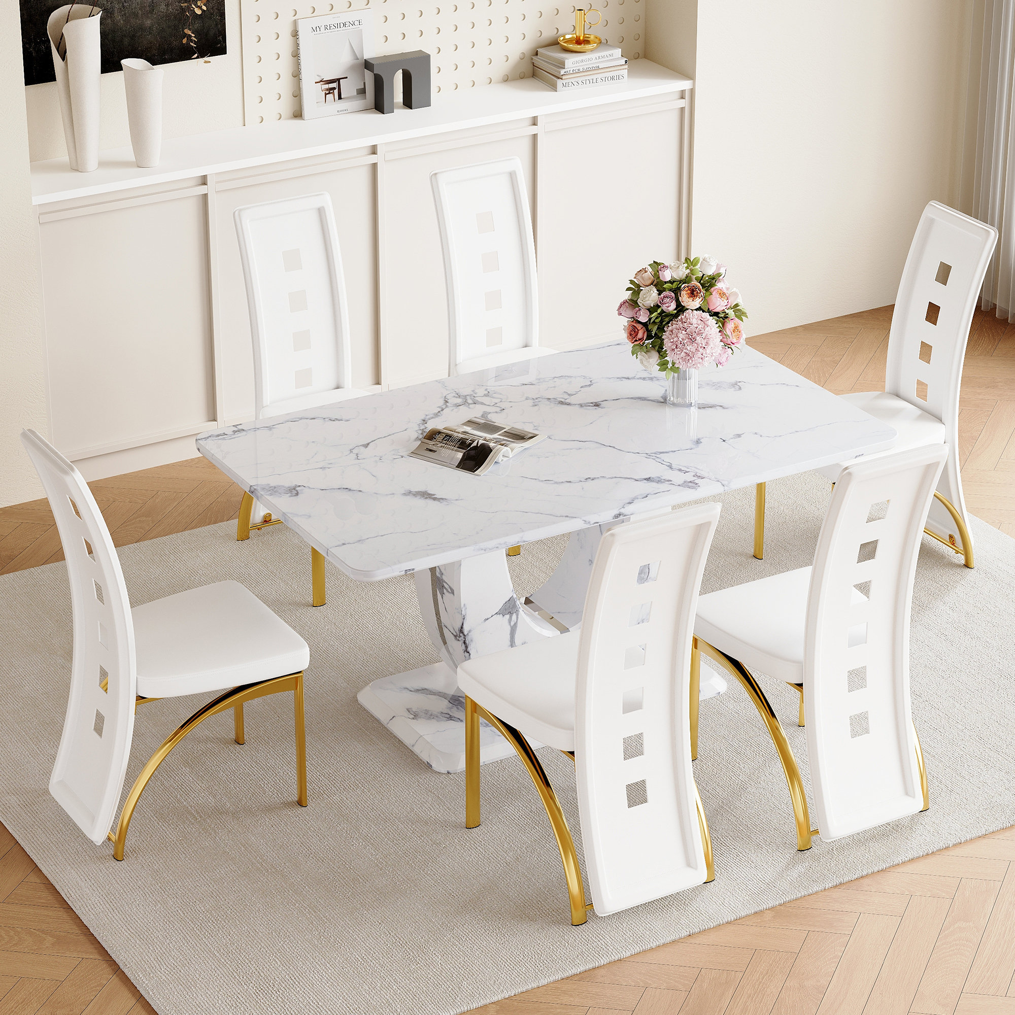Brayden Studio® Modern Luxury Grayish White Marble Dining Table Set ...