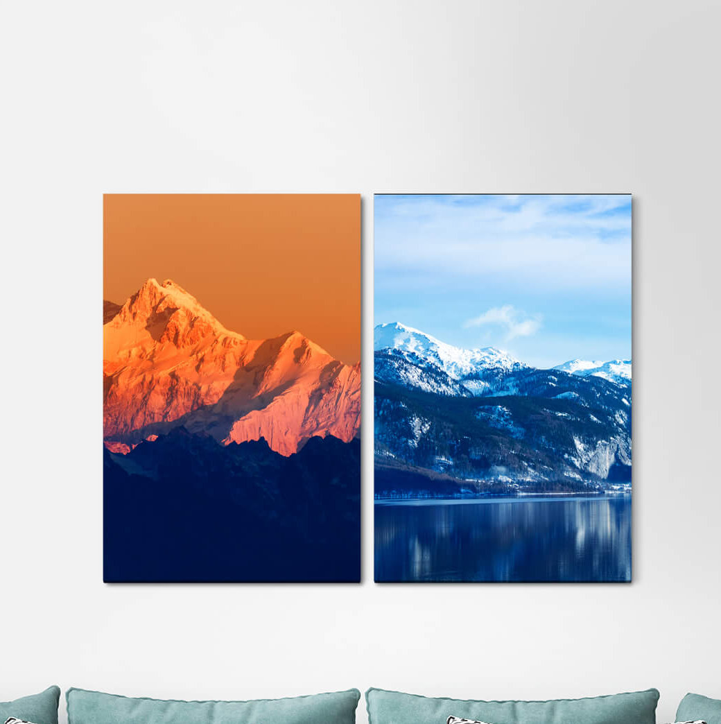 2-tlg. Leinwandbilder-Set - Grafikdruck „Mountains Snow Mountain Lake Winter Silence Calming”