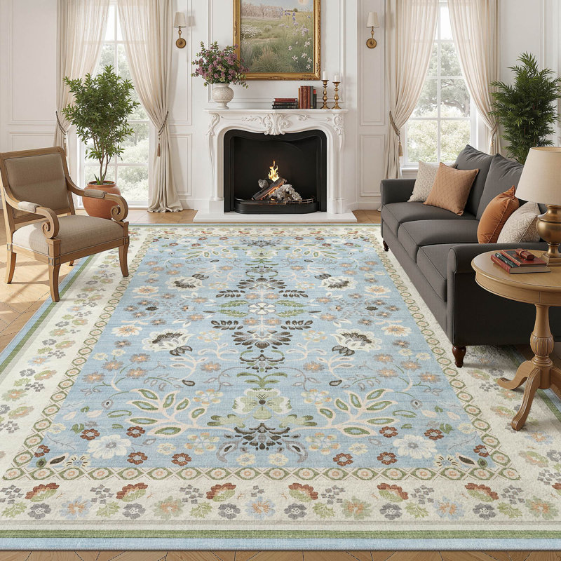 Washable Floral Boho Area Rug Modern with Non-Slip Backing for Living Room Bedroom-Blue, Rectangle 8' x 10', Blue