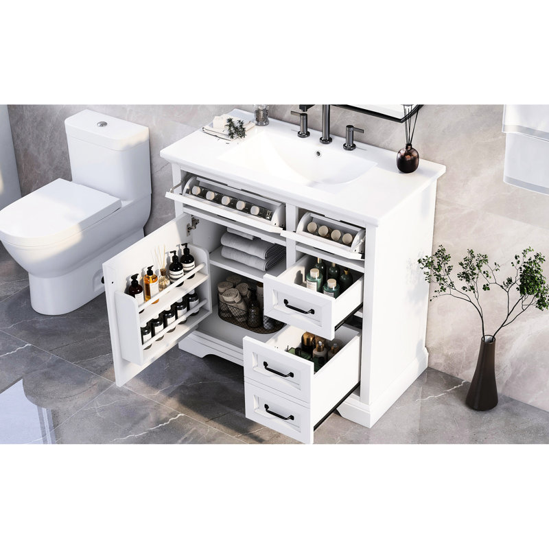 Meuble-lavabo en céramique 36 po, 4 tiroirs, charnières en métal robustes, meuble-lavabo blanc avec lavabo, finition microbiostatique 