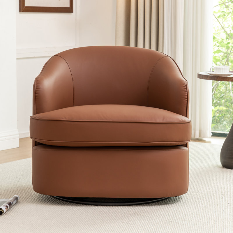 Wooden Vegan Leather Upholstered  Armchair  Swivel Barrel Chair, Deep Brown
