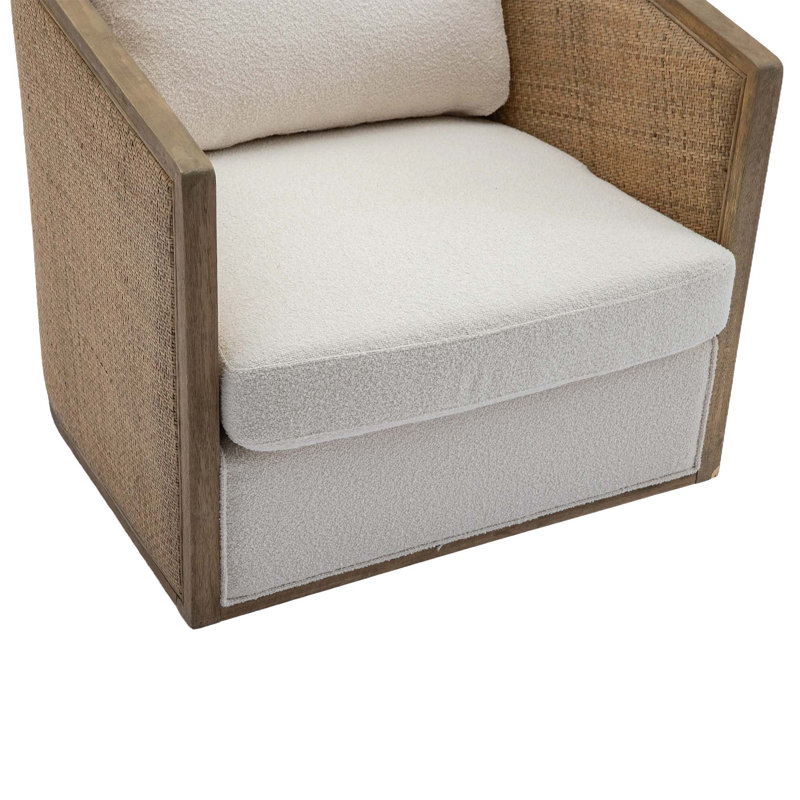 Fauteuil demi-tonneau pivotant l 30,12 po Marylyn, fauteuil, chaise de salon avec structure en bois, Beige bouclé