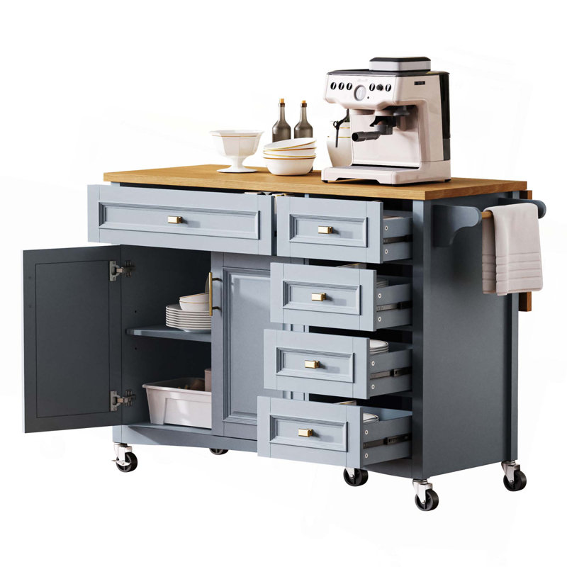 52" Kitchen Island With Drop Leaf, Spice Rack, Towel Rack, 2 Doors, 5 Drawers & Adjustable Shelf, Blue Gray