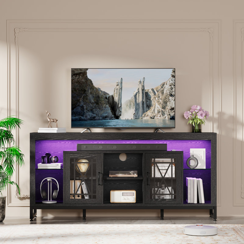 70" W Farmhouse LED TV Stand With Open Shelves And Charging Ports, Black