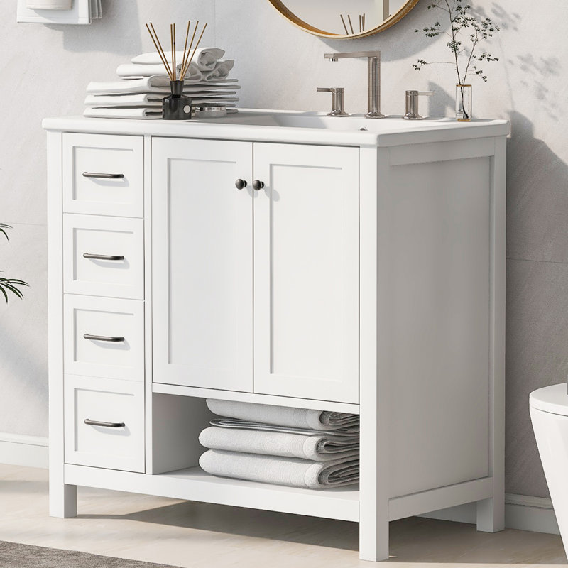 36" Unique Bathroom Vanity With Ceramic Sink, White