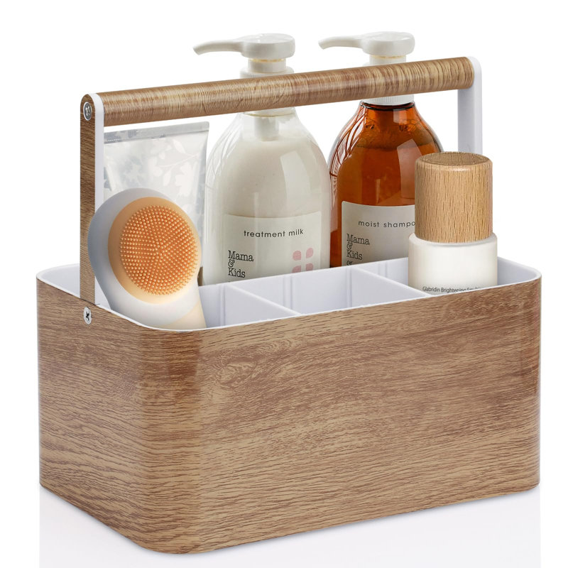 Panier de douche pour salle de bain avec poignée, panier de rangement en plastique pour salle de bain, cuisine, armoire, grain de bois