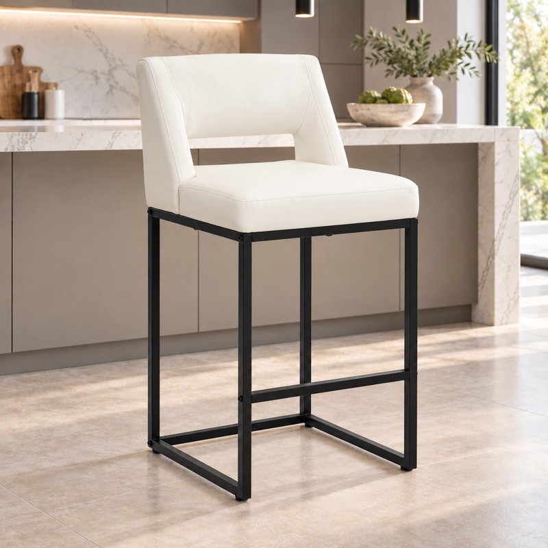 Counter Stool with Steel Frame, Beige-Leather